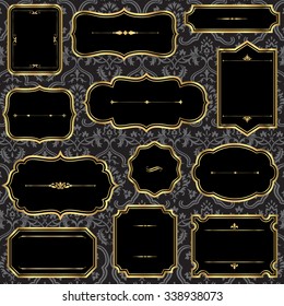 Vintage Gold Frames on Damask Background - Set of gold vintage frame and label shapes on damask background.  Damask pattern swatch is in the swatches panel.  File is layered for easy editing.