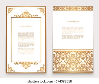 Vintage gold frames with swirly border and corner patterns on white, ornate golden decoration for greeting card or invitation design, eps10 vector illustration