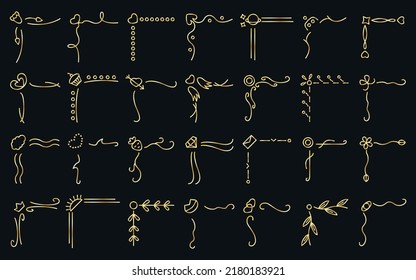 Vintage gold gradient corner border thin line set. Retro corner frame element line set. Fancy filigree retro decorative monogram frame design ornament. Abstract victorian filigree engraving decor