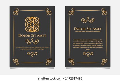 Vintage gold greeting card design with a black background. Luxury gold ornament template. For invitation, menu, wallpaper, brochure, decoration.