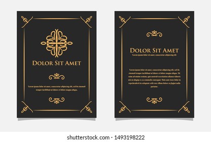 Vintage gold greeting card design with a black background. Luxury gold ornament template. For invitation, menu, wallpaper, brochure, decoration.