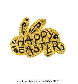 Vintage Gold Happy Easter lettering in rabbit. Vector