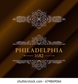 Vintage gold hipster label with lettering Philadelphia. Logo template for your sign, poster, clothing, badge. Vector calligraphic retro emblem