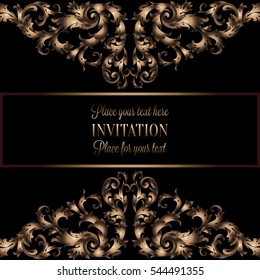Vintage gold invitation or wedding card on black background, divider, header, ornamental lacy vector frame.