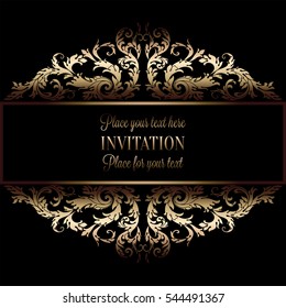 Vintage gold invitation or wedding card on black background, divider, header, ornamental lacy vector frame.