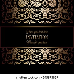 Vintage gold invitation or wedding card on black background, divider, header, ornamental lacy vector frame.