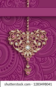 Vintage gold jewellery pendant in shape of heart decorated with diamonds and ruby gemstones, elegant women's decoration, filigree vector jewelry on ornamental background