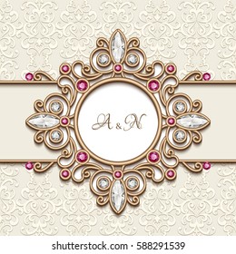 Vintage gold jewelry background, antique jewellery frame with diamonds and ruby gems, wedding invitation or announcement design, vector illustration