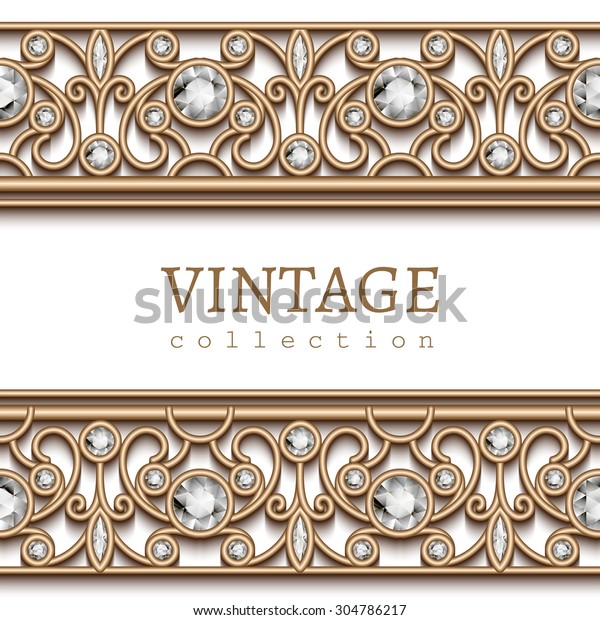 Vintage gold jewelry\
background, vector jewellery frame with seamless border ornament on\
white, eps10