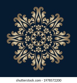 Vintage gold jewelry brooch. Round decoration with floral scrolls. Elegant vector mandala pattern on dark blue background. Golden circle ornament in baroque style