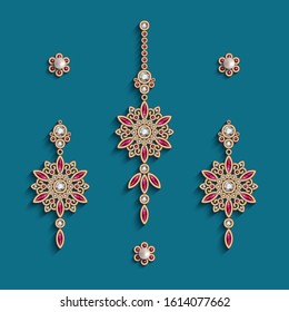 Vintage gold jewelry, earrings and forehead decoration with diamonds and precious ruby gemstones, top view of elegant jewellery collection, vector set of filigree women's decoration in Indian style