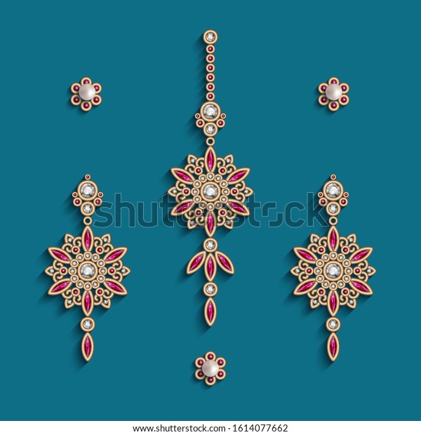 Vintage gold jewelry, earrings and forehead\
decoration with diamonds and precious ruby gemstones, top view of\
elegant jewellery collection, vector set of filigree women\'s\
decoration in Indian\
style