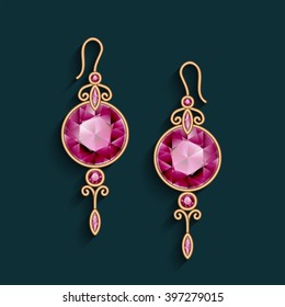 Vintage gold jewelry earrings with ruby gemstones, jewellery pendants, filigree vector female decoration, eps10