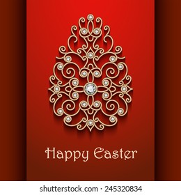 Vintage gold jewelry Easter egg decoration on red background, vector eps10