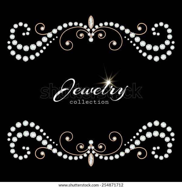 Vintage gold jewelry frame with\
diamonds and pearls on black, vector jewellery\
background