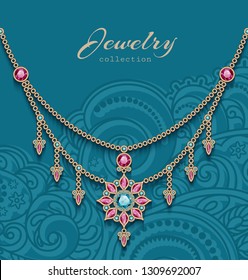 Vintage gold jewelry necklace with diamonds and ruby gemstones, antique jewellery women's decoration in Indian style, elegant vector greeting card or wedding invitation template