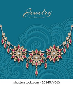 Vintage gold jewelry necklace with diamonds and ruby gemstones on ornamental background, antique jewellery women's decoration in Indian style, elegant vector wedding invitation card template