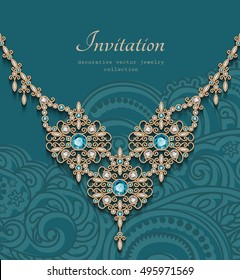 Vintage gold jewelry necklace with diamonds and emerald gemstones, antique jewellery women's decoration, elegant greeting card or invitation template, vector eps10