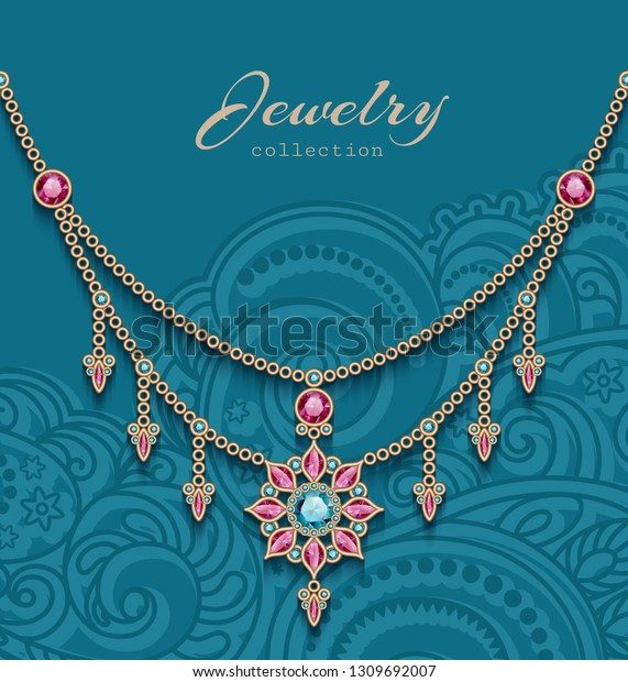 Vintage gold\
jewelry necklace with diamonds and ruby gemstones, antique\
jewellery women\'s decoration in Indian style, elegant vector\
greeting card or wedding invitation\
template