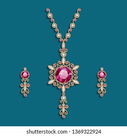 Vintage gold jewelry, necklace and earrings with diamonds and ruby gems, elegant jewellery collection, vector set of filigree women's decoration in Indian style,