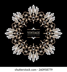 Vintage gold jewelry necklace, round vector frame, jewellery vignette with diamonds and pearls on black, eps10