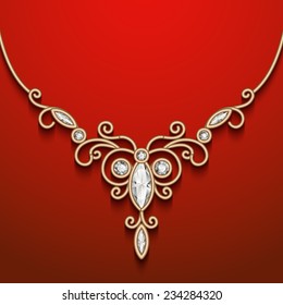 Vintage gold jewelry necklace, vector jewellery diamond decoration, eps10