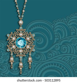 Vintage gold jewelry pendant with diamonds and emerald gemstones, antique jewellery womens decoration, elegant greeting card or invitation template, vector eps10