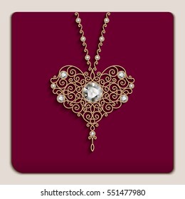 Vintage gold jewelry pendant in shape of heart decorated with diamonds, elegant women's decoration, vector eps10