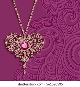 Vintage gold jewelry pendant in shape of heart decorated with diamonds and ruby gems, vector women's decoration on pink background, greeting card or invitation template, eps10