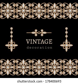 Vintage gold jewelry set - pendant, divider, ornamental borders decorated with diamonds, vector jewellery isolated on black, eps10