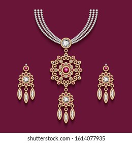 Vintage gold jewelry, top view of earrings and necklace with diamonds and precious gemstones, elegant jewellery collection on table, vector set of filigree women's decoration in ethnic style