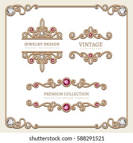 Vintage gold jewelry vignettes and flourishes in square frame, set of decorative jewellery design elements with diamonds and ruby gems, antique vector embellishment on white, eps10