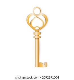 Vintage gold key insulated on white background. Vector illustration in realistic style.