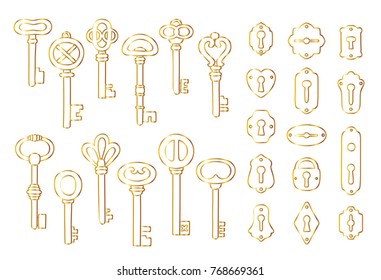 Vintage gold keys set,  outlines, isolated on a white background. Vector illustration.