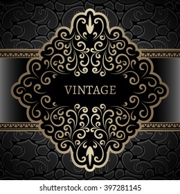 Vintage gold label, decorative vector frame, ornamental vignette with golden swirls