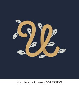 Vintage gold letter U logo with silver leaves. Retro vector design for banner, presentation, web page, app icon, card, labels or posters.