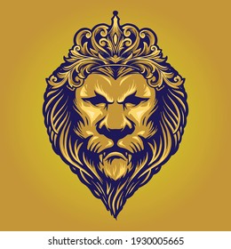 El Rey León de Oro Vintage con ilustraciones de la Corona de Ornament para su trabajo Logo, camiseta de mercadería de mascota, pegatinas y diseños de etiquetas, afiche, tarjetas de felicitación compañía comercial o marcas comerciales.
