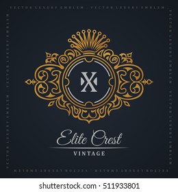 Vintage gold logo. Flourishes crest calligraphic ornament. Elegant emblem monogram luxury symbol. Floral royal line design. Vector restaurant boutique, heraldic fashion, cafe hotel