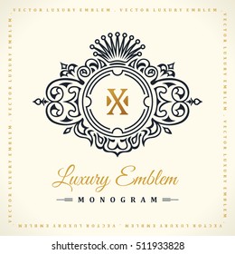 Vintage gold logo. Flourishes crest calligraphic ornament. Elegant emblem monogram luxury symbol. Floral royal line design. Vector restaurant boutique, heraldic fashion, cafe hotel