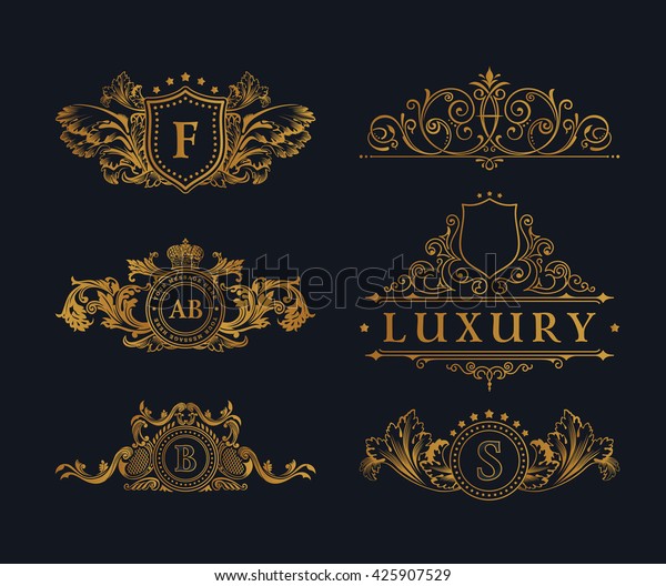 Vintage gold logos crest set. Flourishes
Calligraphic royal Ornament. Elegant emblem monogram luxury
logotype. Floral line design. Vector sign, restaurant boutique,
heraldic, cafe, hotel,
heraldry