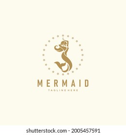 Vintage Gold Mermaid Logo Illustration Design Premium Vector.