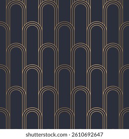 Vintage gold old Art Deco arc seamless pattern on dark blue background. Vector illustration.