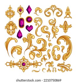 Vintage gold ornament elements vector illustrations set. Floral or ornate decor with gems in rococo or baroque style for frame, jewellery scroll or crown on white background. Jewelry, luxury concept