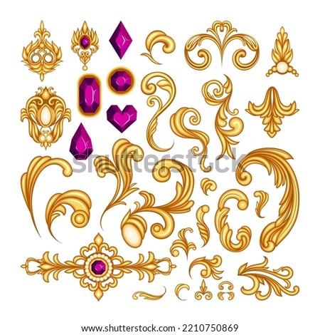 Vintage gold ornament elements vector illustrations set. Floral or ornate decor with gems in rococo or baroque style for frame, jewellery scroll or crown on white background. Jewelry, luxury concept