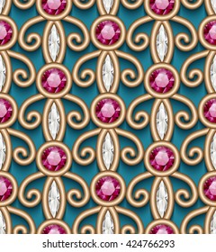 Vintage gold ornament, vector jewelry seamless pattern with diamonds
