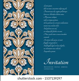 Vintage gold ornamental frame with diamond jewelry border pattern, elegant vector decoration for wedding invitation or packaging design with place for text