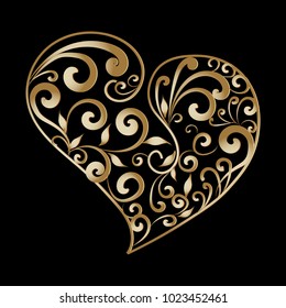 Vintage gold ornamental love heart pattern. Hand drawn line art tracery swirl floral ornaments. Decorative surface flowers, leaves. Luxury design for cards, valentines day, clothes, fabric, prints