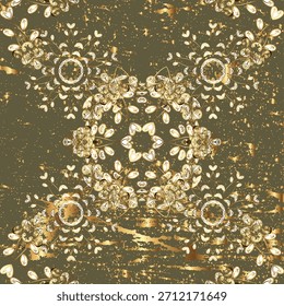 Patrón de Vector ornamental de oro de Antiguas con textura afligida y Elementos florales intrincados sobre un fondo de olivo. Elegante diseño sin costuras ideal para textiles, Fondos de pantalla, embalaje y decoración de lujo