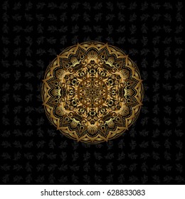 Vintage Gold Pattern. Christmas Card Mandala Design. Decorative Indian Round Mandala on black background. Invitation Card, Scrapbooking. Gold Over black. Islam, Arabic, Indian, Turkish, Pakistan.