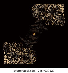 Klassisches Goldmuster auf Diagonale. Wirbel an den Ecken. Vektorgrafik. Mystisches All-Seeing-Auge. 